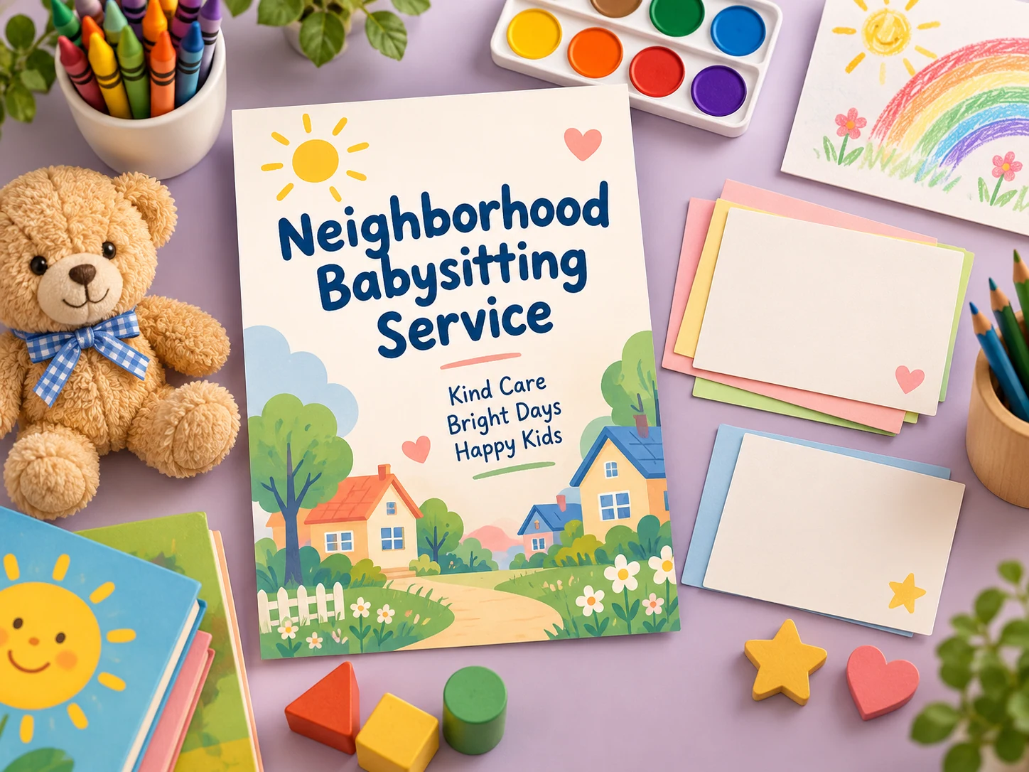 Brief del servizio di babysitting organizzato con cartoncini colorati, pastelli e un orsetto di peluche