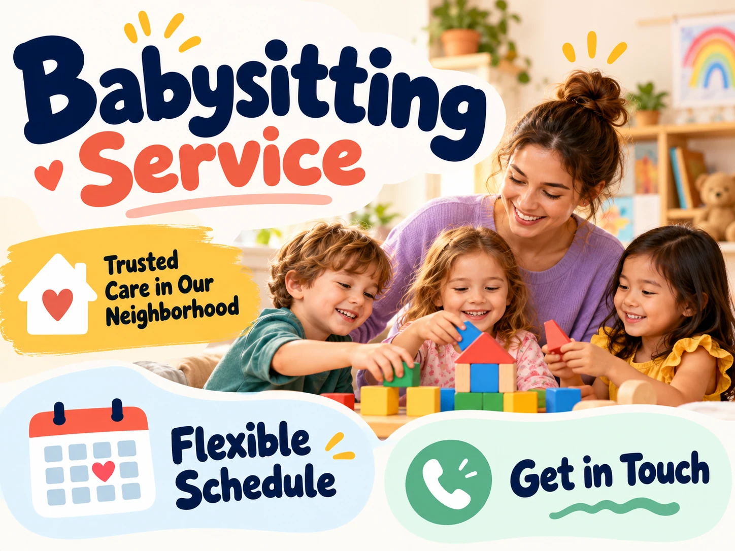 Layout del volantino per babysitting con un caregiver, bambini, orario flessibile e sezioni di contatto