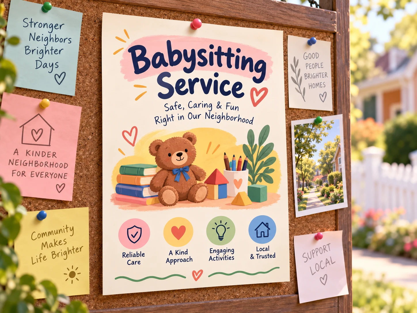 Annuncio illustrato di babysitting appeso a una bacheca di quartiere