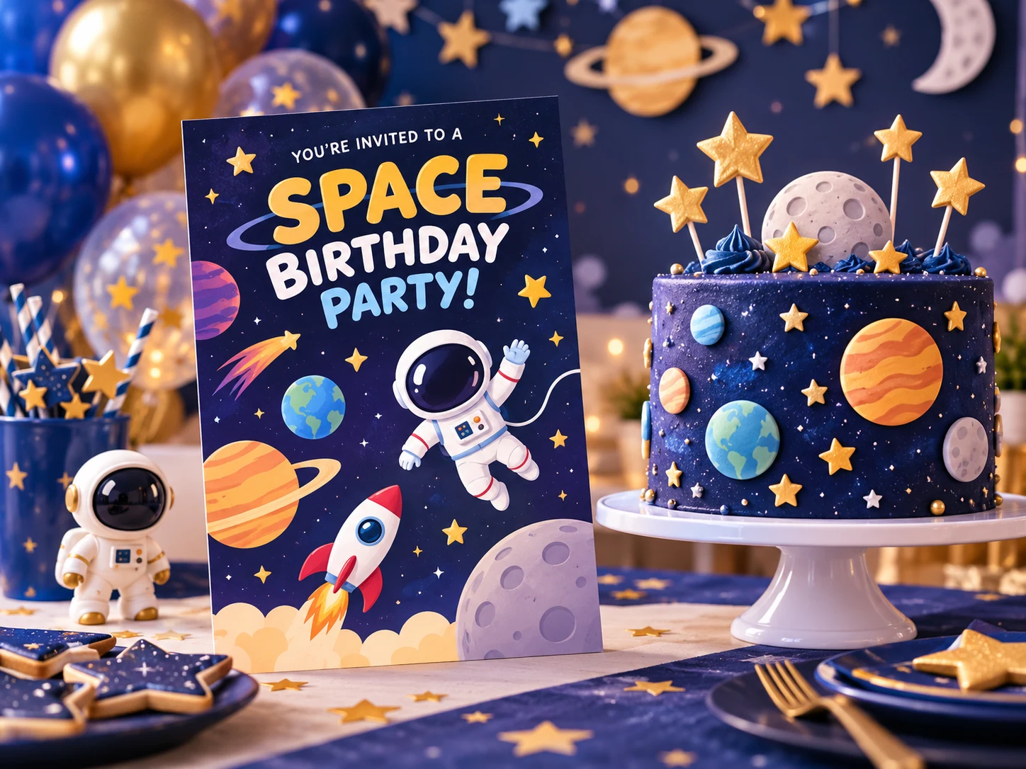 Space birthday invitation displayed beside a matching cake and party decorations