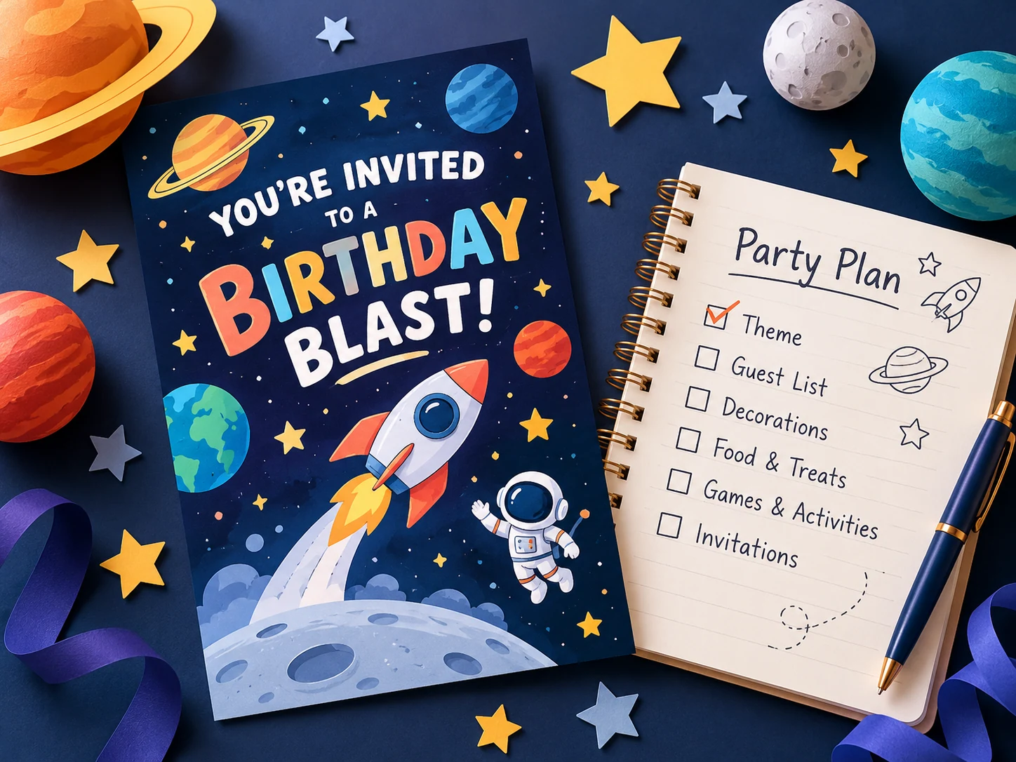 Space-themed birthday invitation beside a party planning notebook