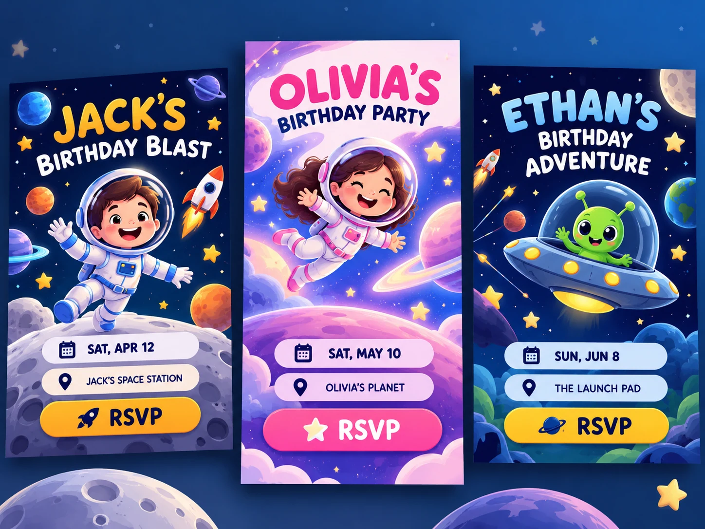 Three space-themed birthday invitation concepts with different names and RSVP sections