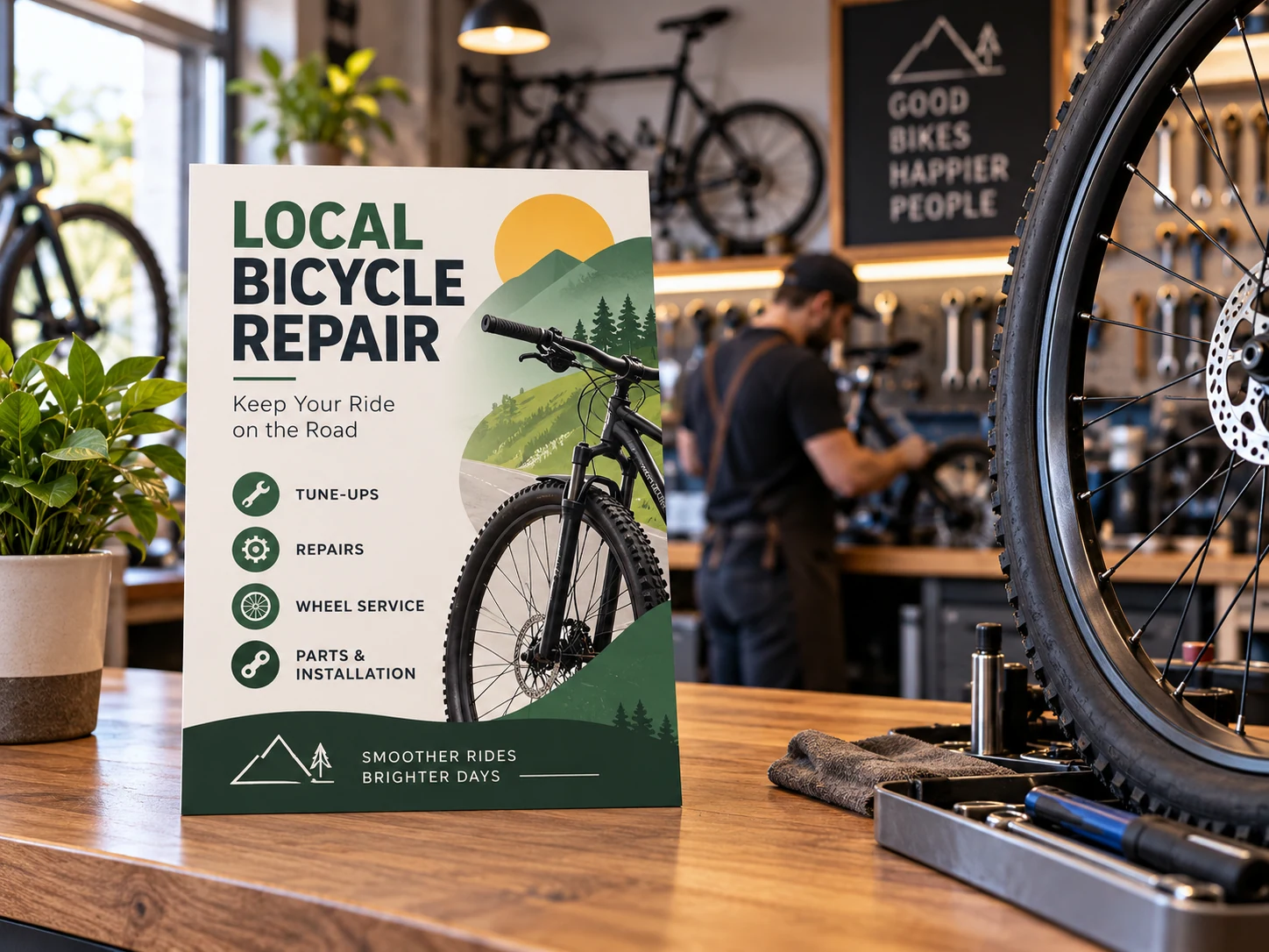 Bicycle repair service flyer standing on a workshop counter