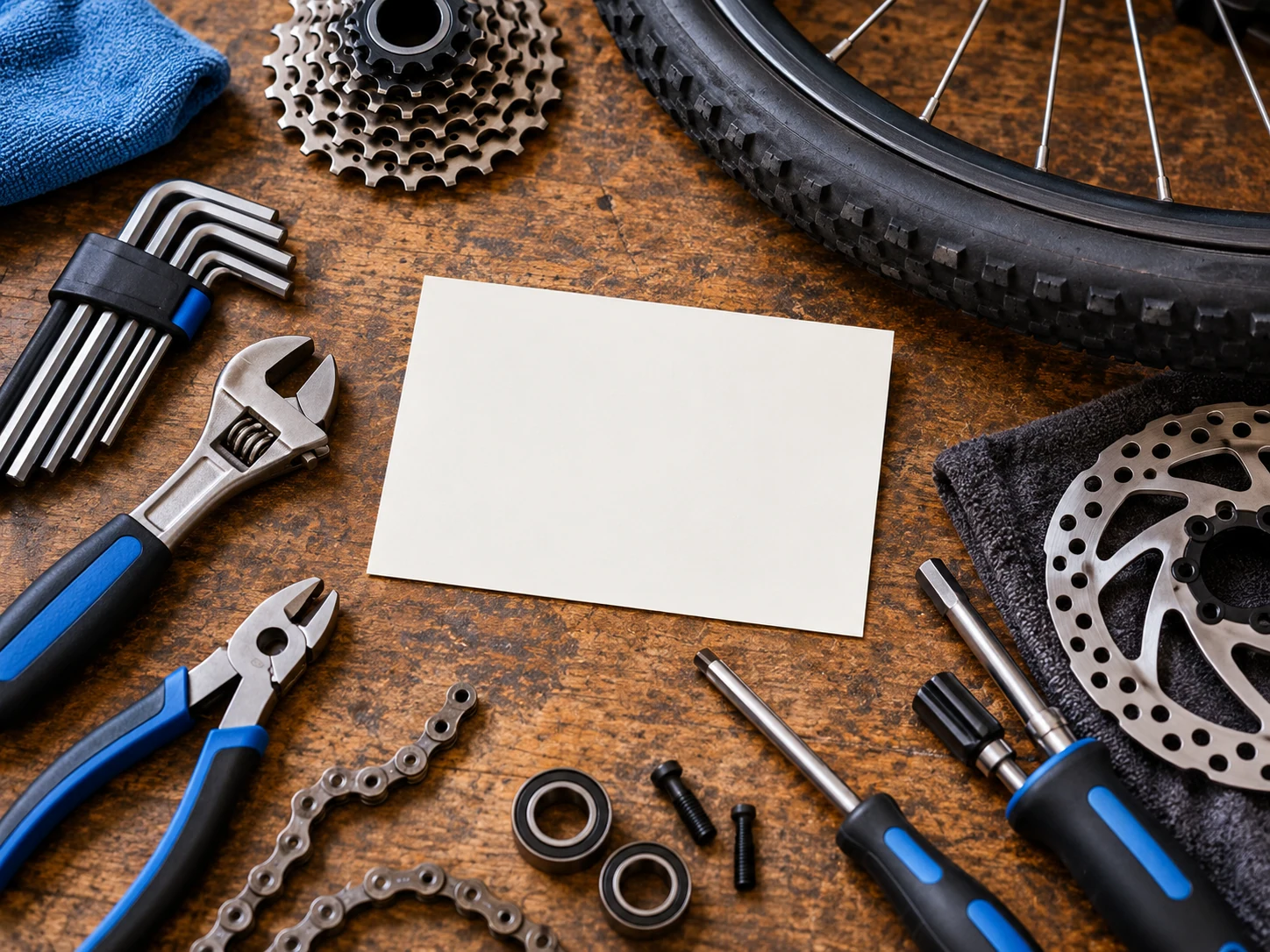 Bicycle repair campaign planning materials with a blank card and mechanical tools