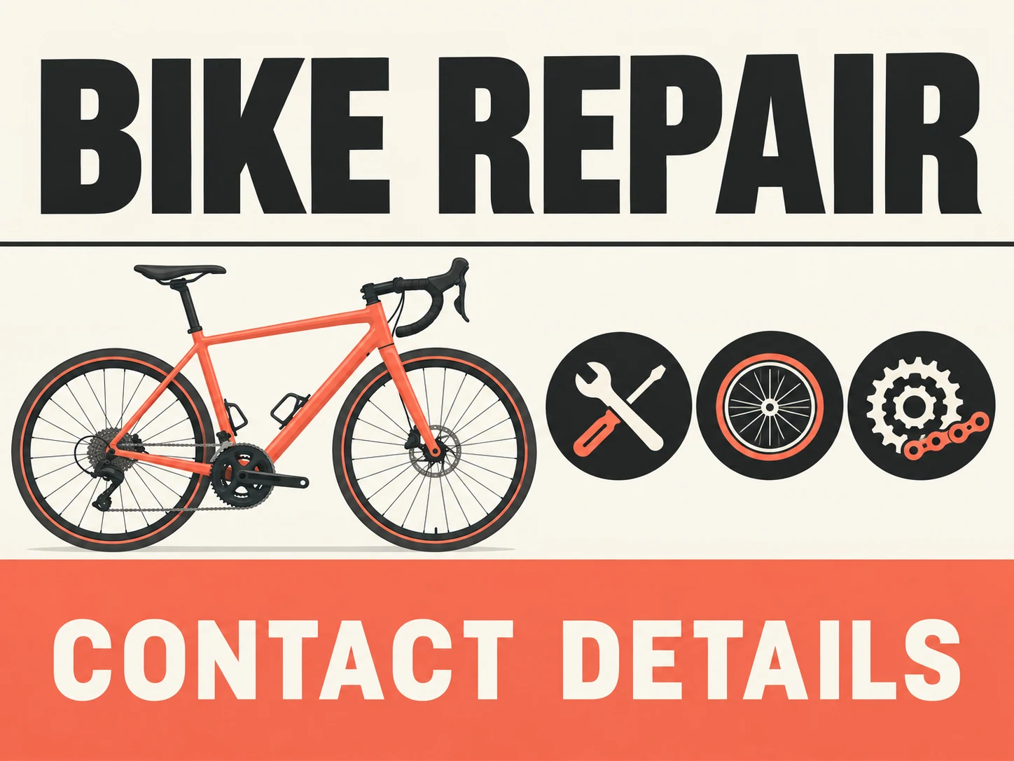 Local bicycle repair flyer with service categories and a clear contact action