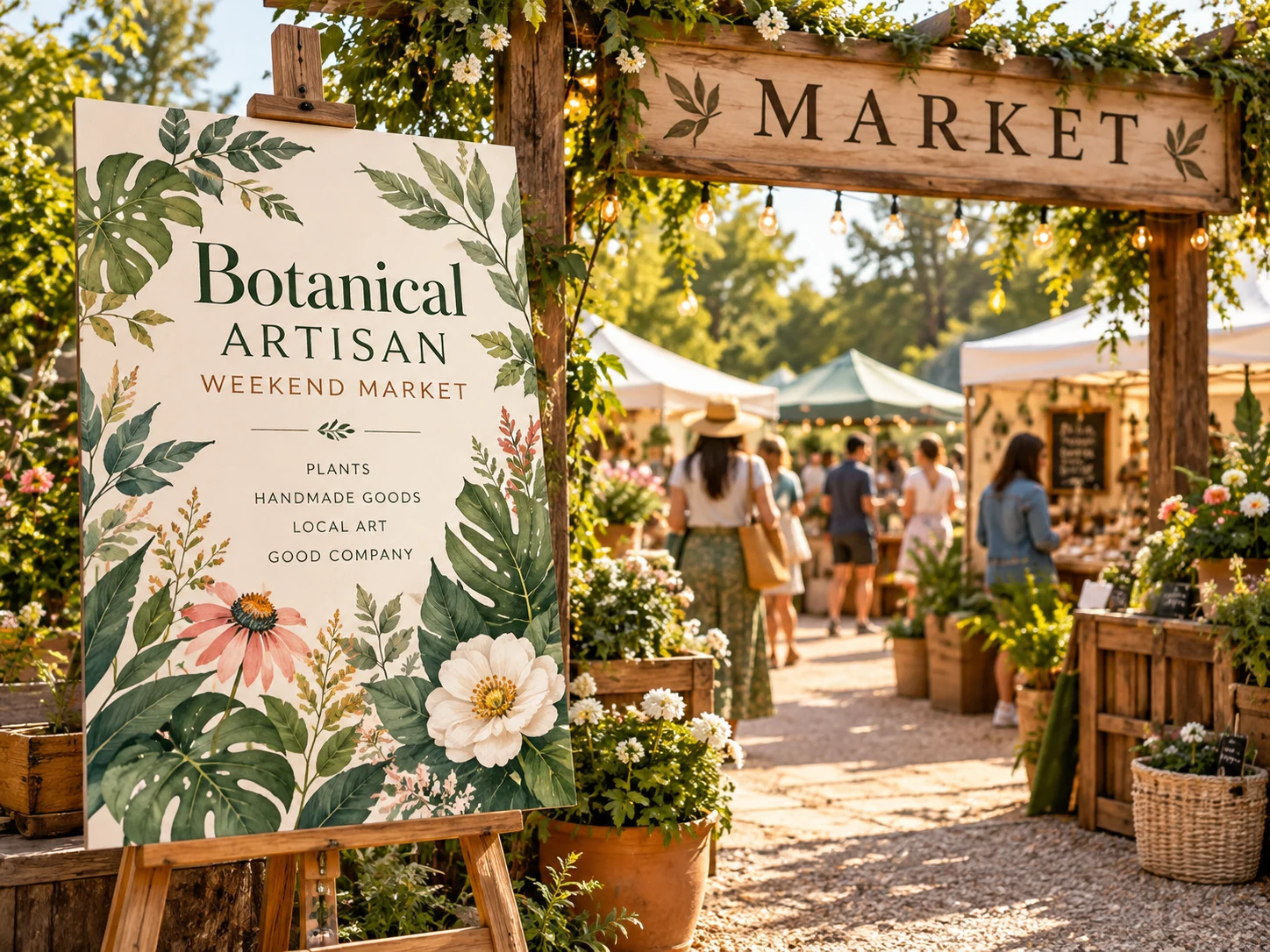 Pôster de mercado botânico exibido em um cavalete em um mercado artesanal ao ar livre