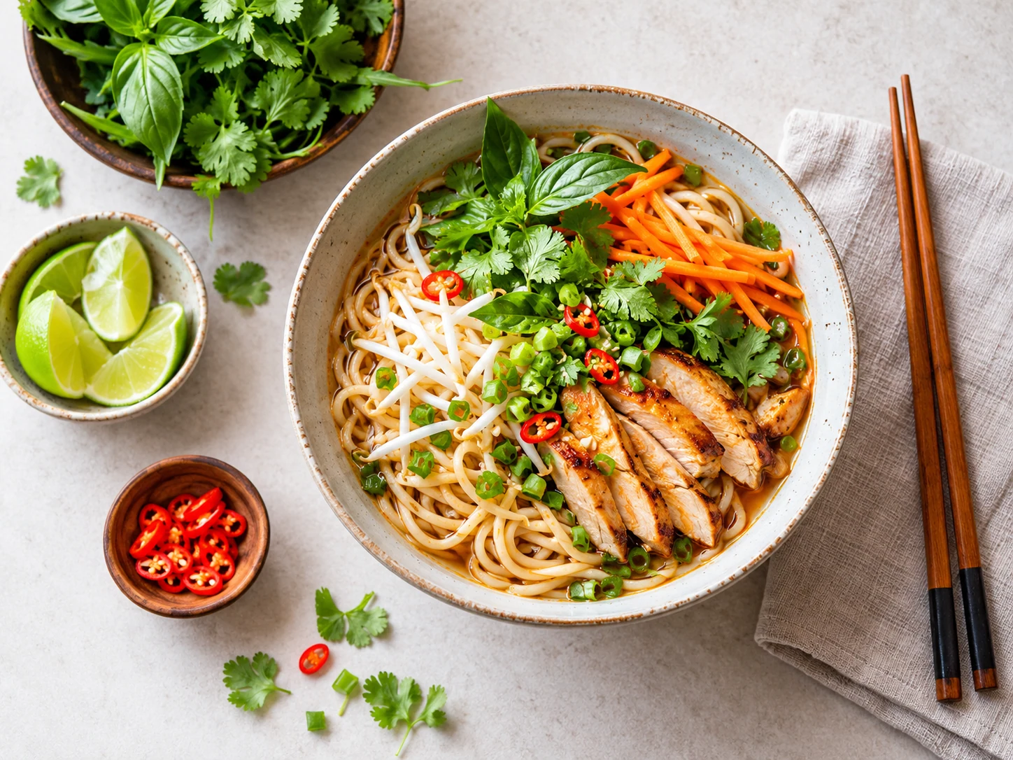 Noodle bowl photographed from above with herbs, lime and chili