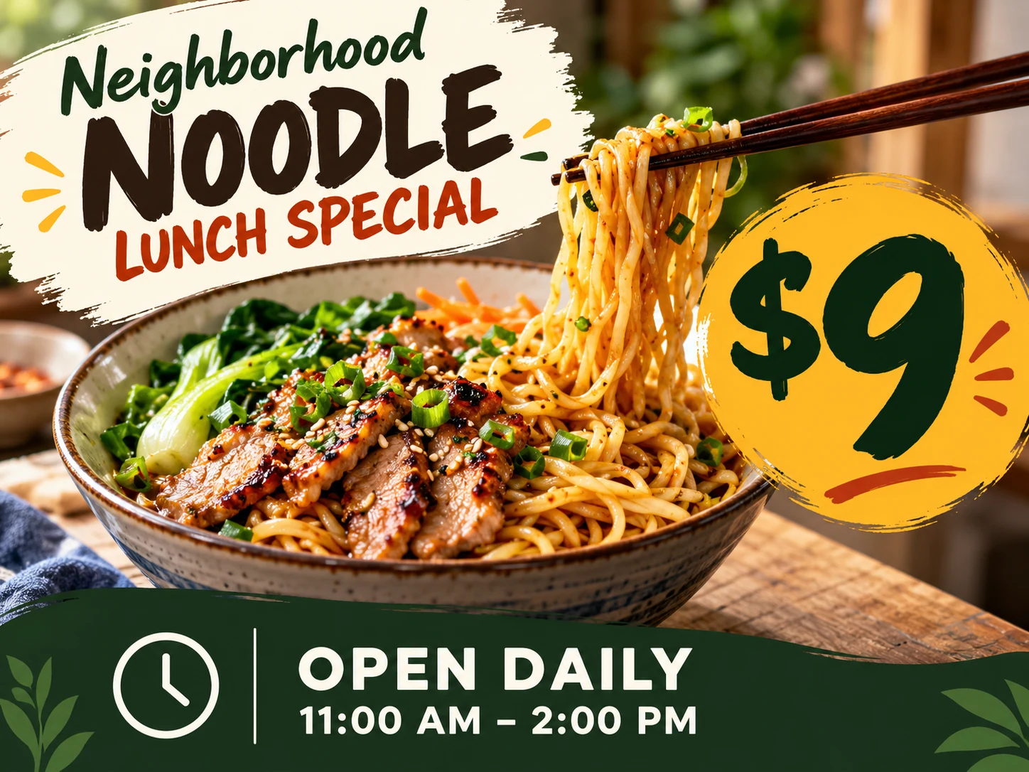 Noodle lunch promotion concept with an illustrative price and opening hours