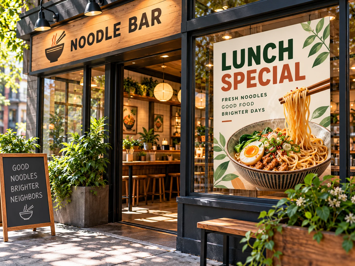 Lunch special flyer displayed in the window of a neighborhood noodle bar