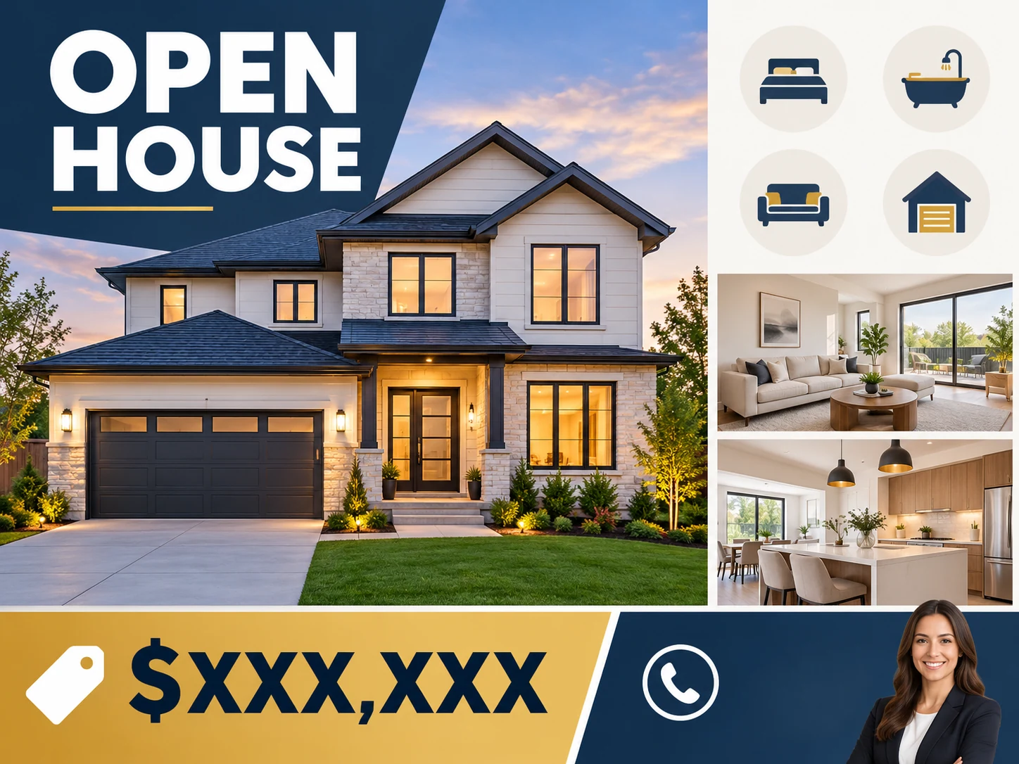 Open house flyer layout with property photos, feature icons and a placeholder price