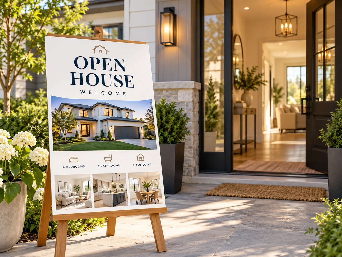 Open house flyer displayed on an easel outside a home's entrance