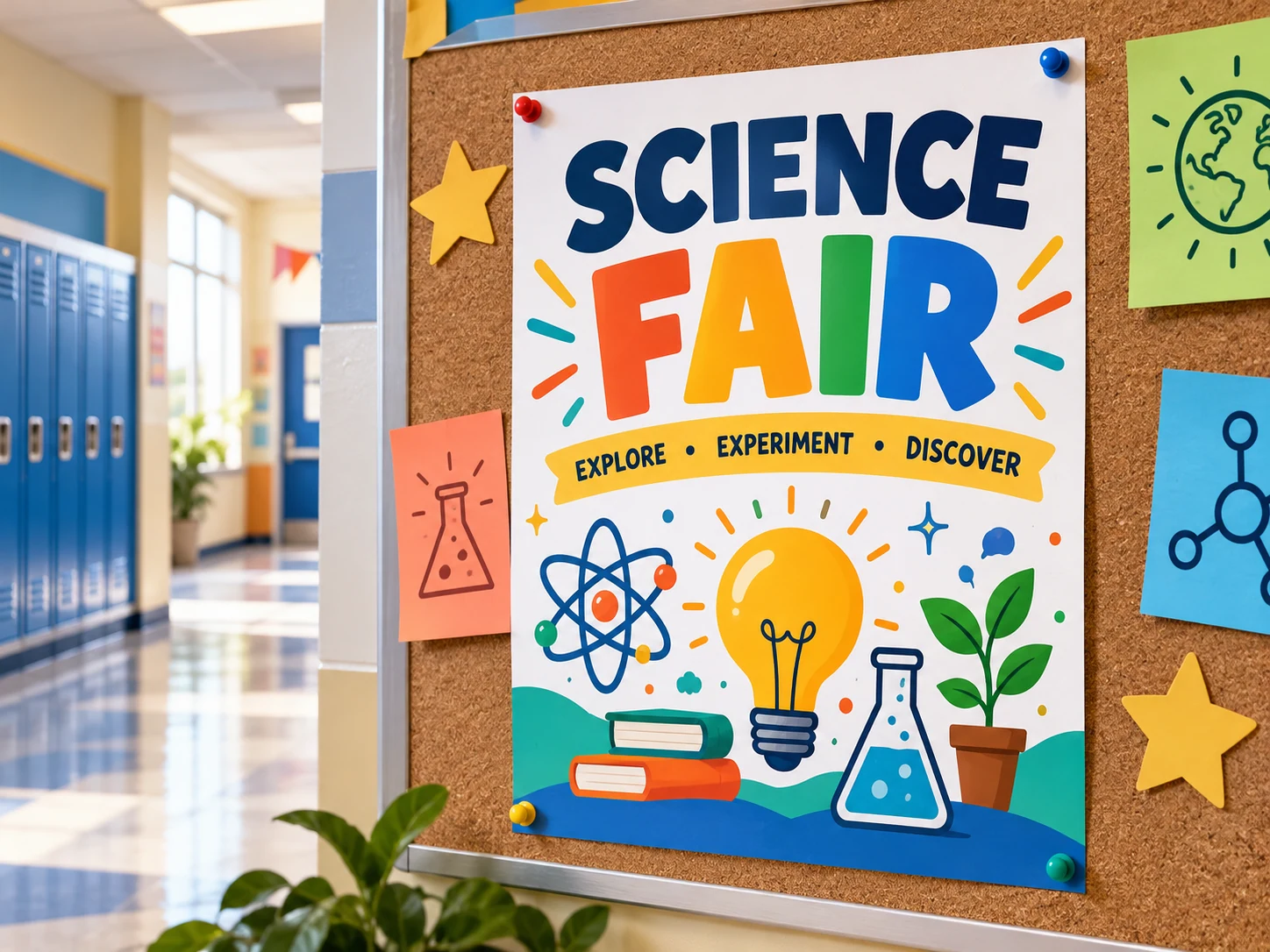Science fair poster pinned to a school hallway noticeboard
