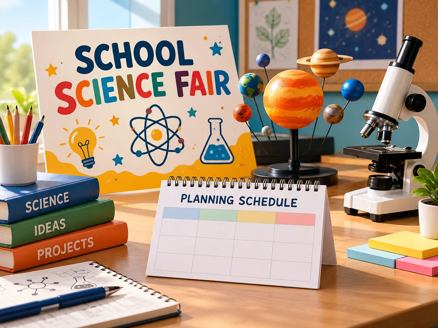 Science fair planning desk with a poster, schedule and science equipment