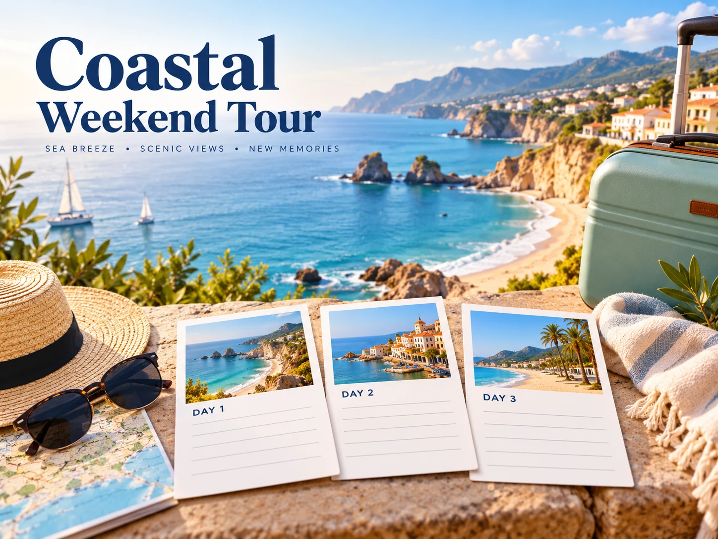 Coastal weekend travel plan with three itinerary cards and a suitcase