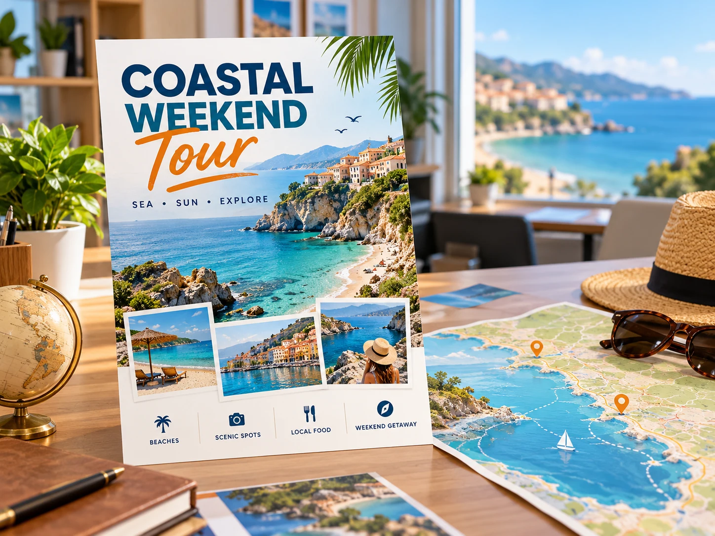 Coastal weekend tour flyer displayed beside a map and travel materials