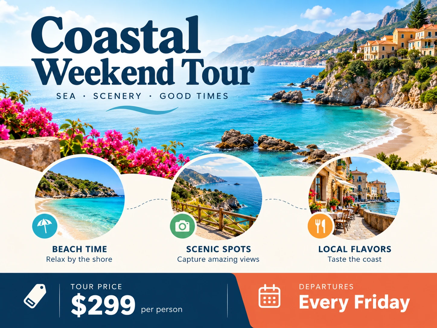 Coastal tour flyer layout with attraction highlights and illustrative trip pricing