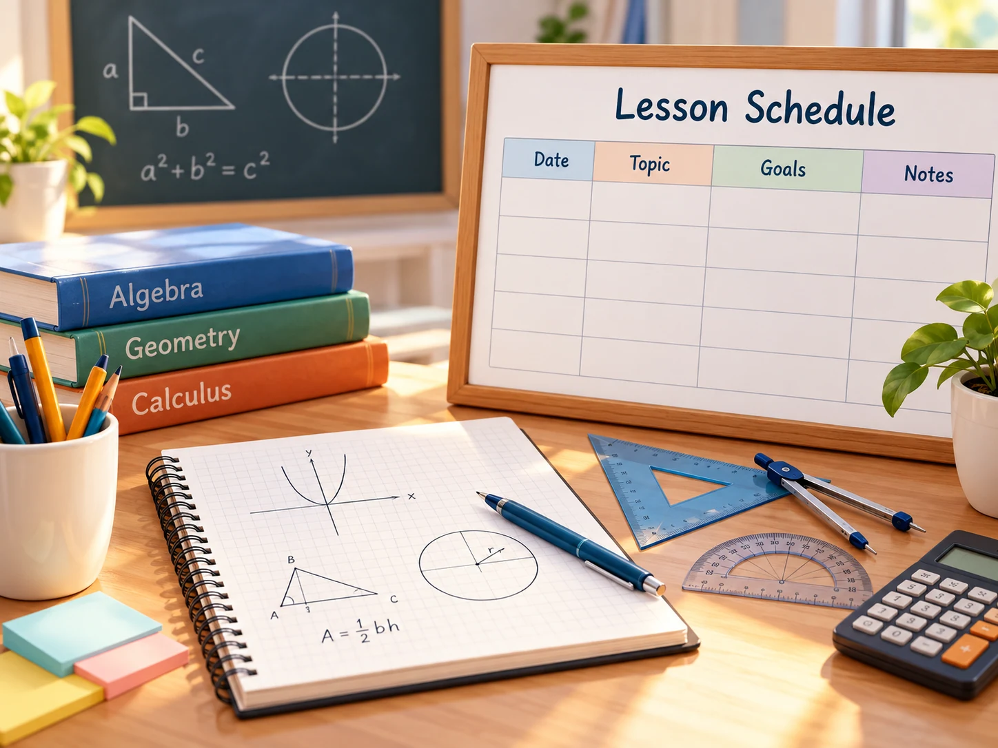 Scrivania per la pianificazione di lezioni di matematica con un calendario, libri di testo e appunti di geometria
