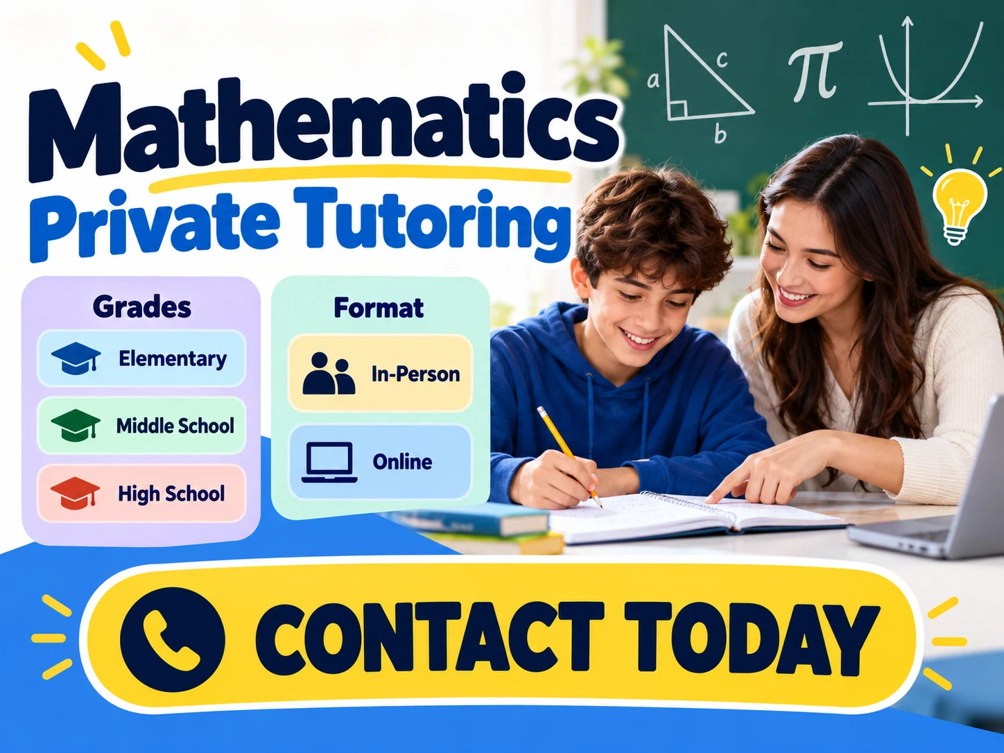 Volantino per ripetizioni private di matematica con livelli scolastici, modalità di apprendimento e un'azione di contatto