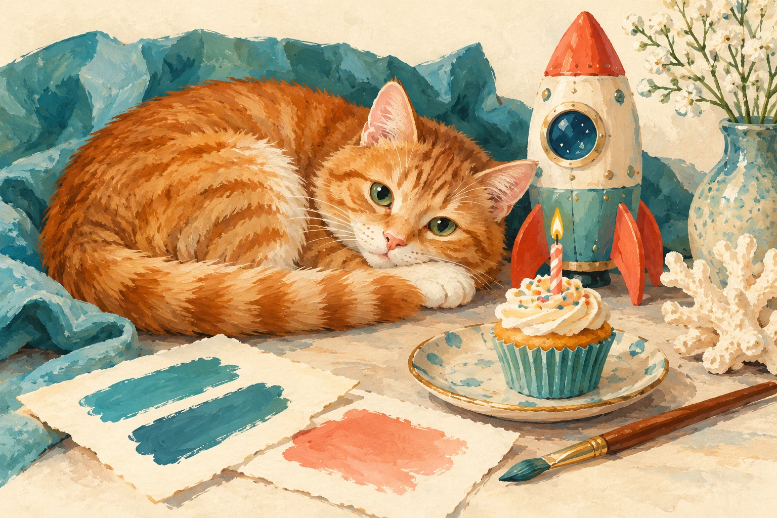 Cat, toy rocket and cupcake arranged as inspiration for a personal birthday card.