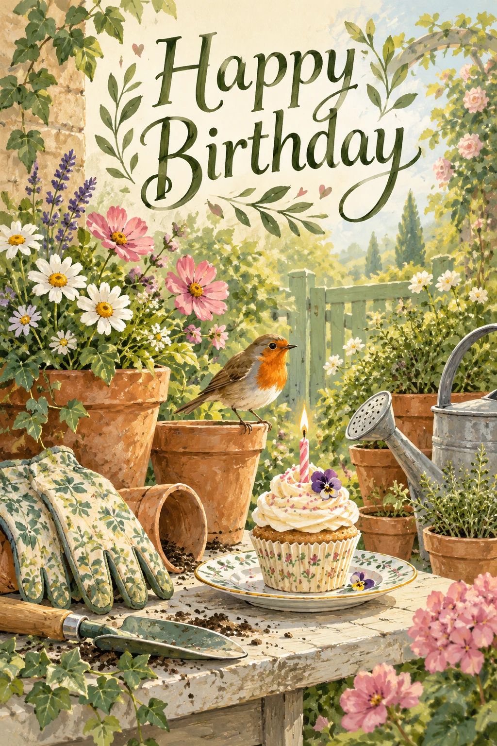 Garden-themed birthday card with flowers, terracotta pots and a robin.