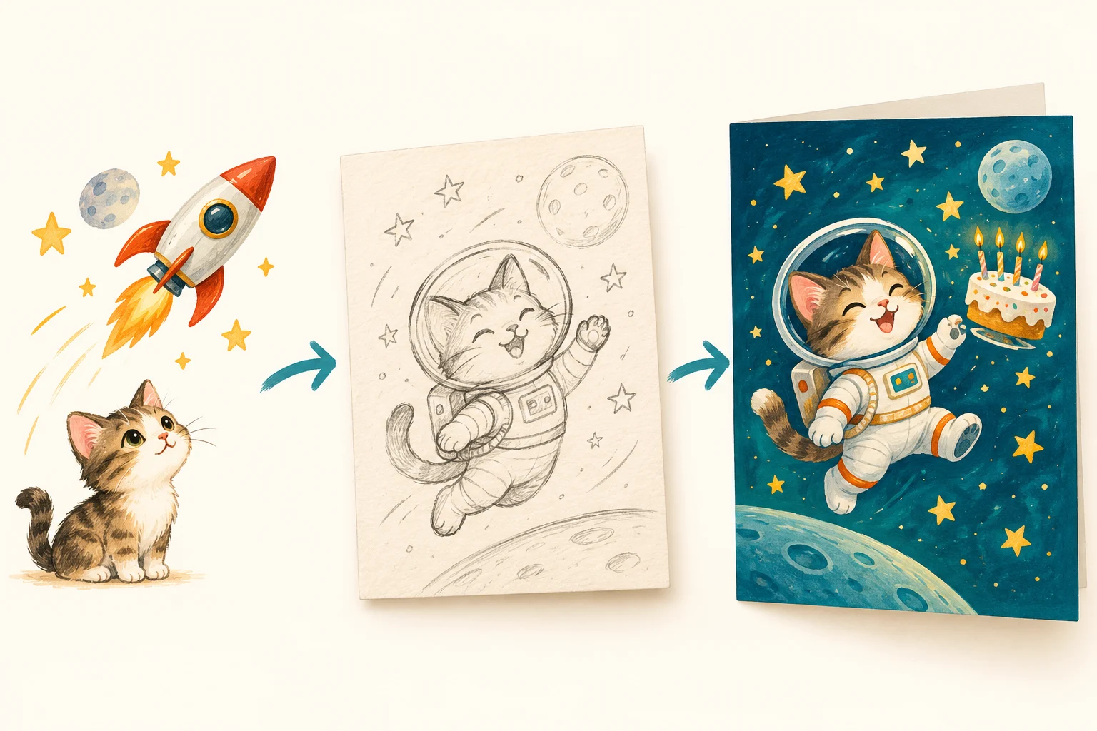 Three illustrated stages from cat and space ideas to a sketch and finished birthday card.
