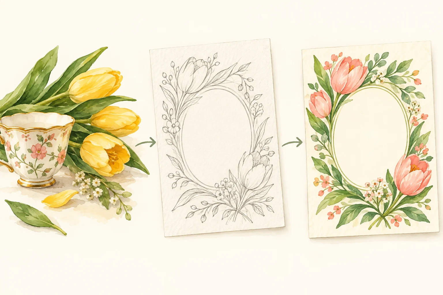 Three watercolor stages show a teacup and tulips becoming a sketch and a finished floral greeting card.