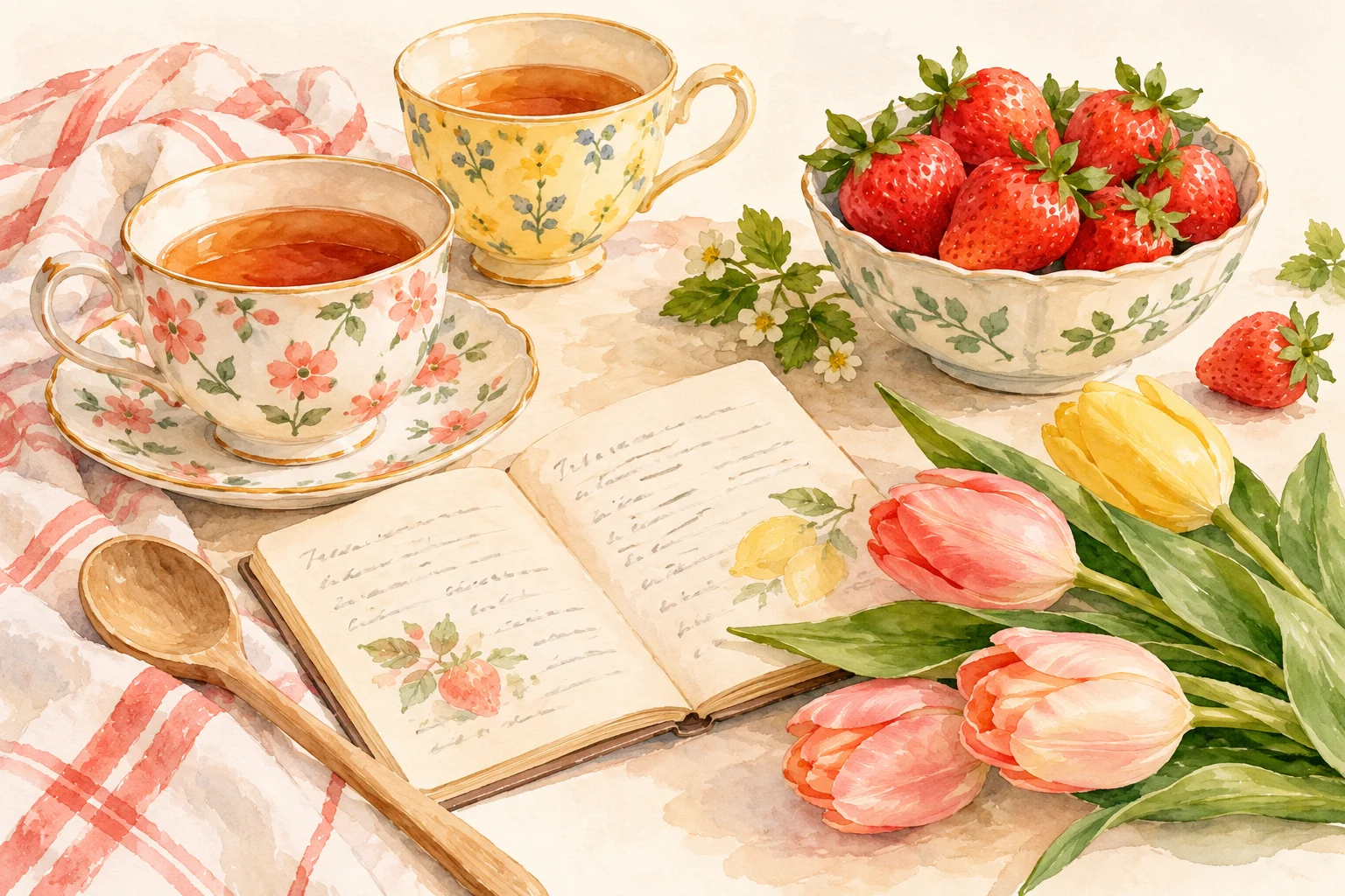 Watercolor objects for a personal Mother's Day card: teacups, a recipe notebook, strawberries and flowers.