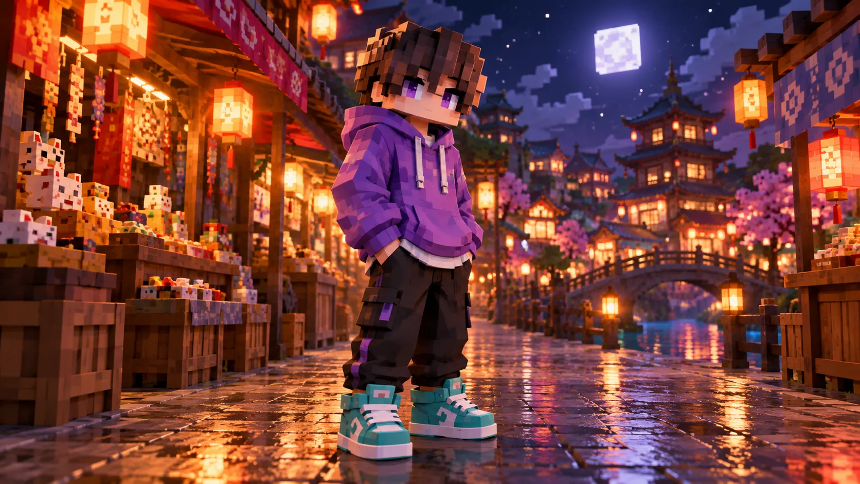 Blocky violet-hoodie character in a colorful night market