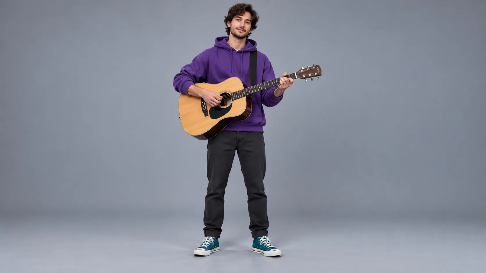 Full-body violet hoodie and teal sneakers reference photo