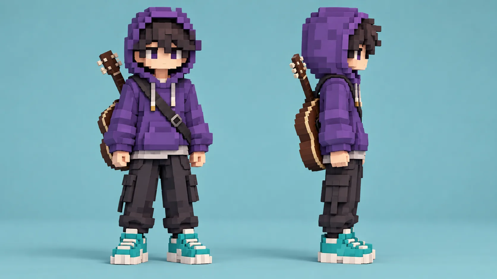 Front and side views of an original blocky violet-hoodie character