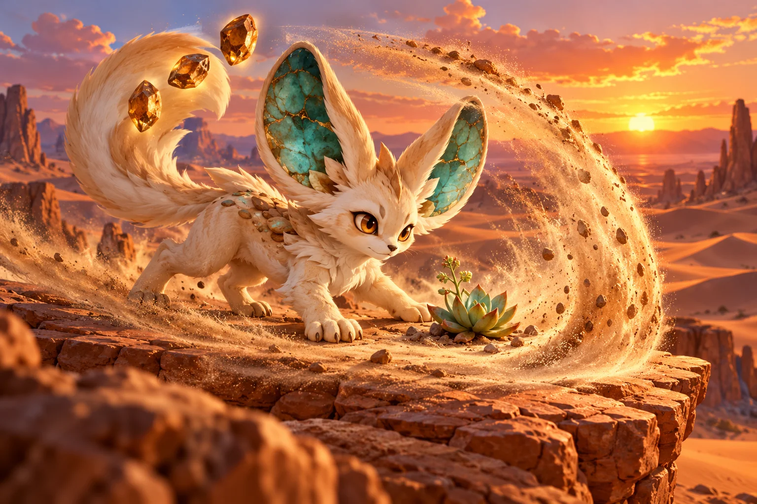Fennec creature crouching beside a succulent as a curved sand shield rises in the desert