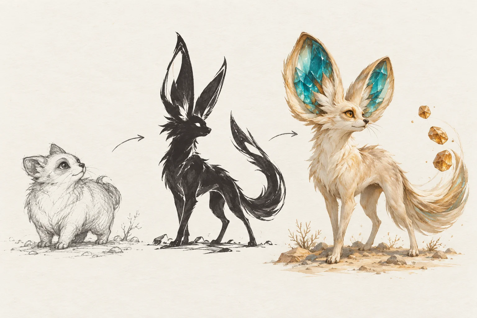 Three creature studies progressing from a rounded sketch through a long-eared silhouette to a colored mineral-eared fennec
