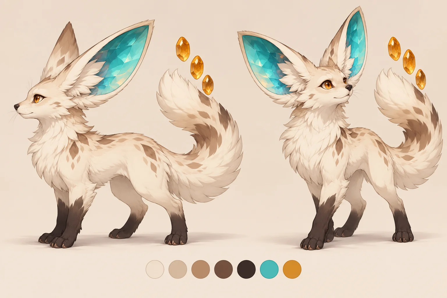 Side and three-quarter creature poses with turquoise inner ears, dark paws, amber stones and a palette strip