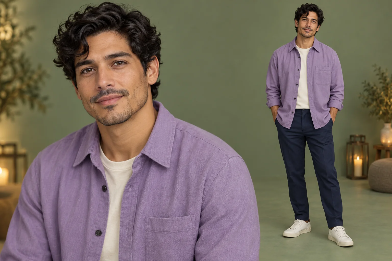 Portrait and full-body references of a man wearing a lavender overshirt