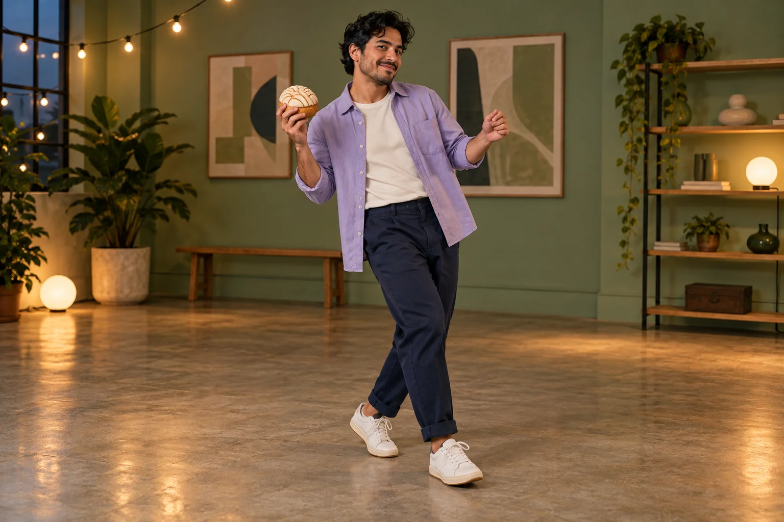 Man in a lavender overshirt dancing with a sweet bun in a sage-green studio
