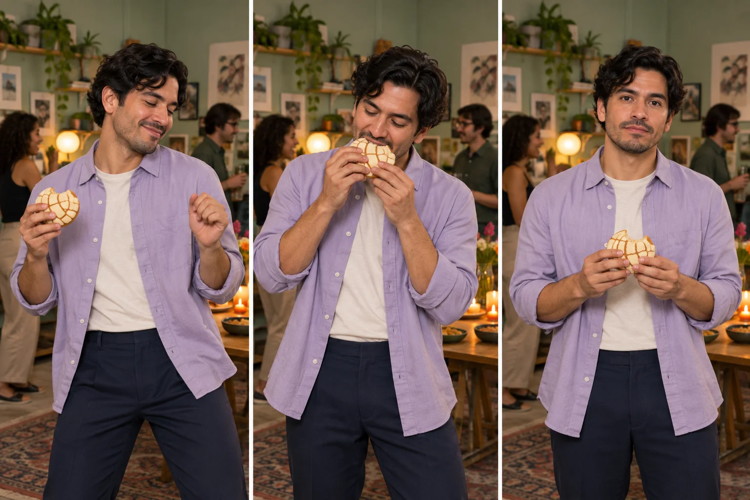 Studio storyboard showing gentle dancing, a bread bite and a direct camera look