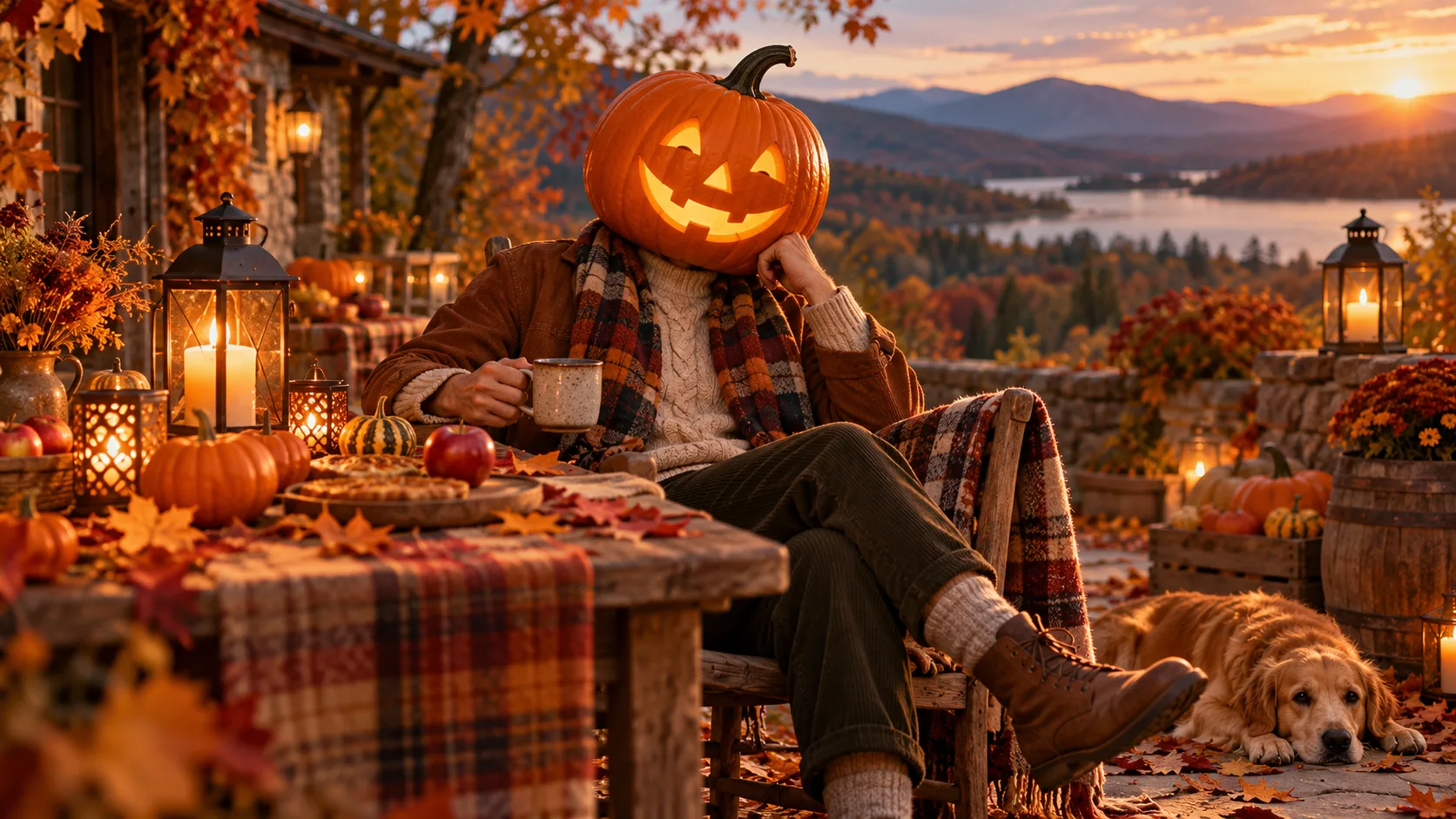 Adulto amichevole con testa di zucca seduto a un tavolo della raccolta autunnale