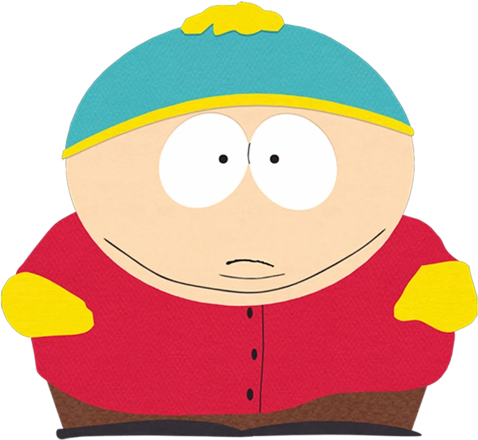 Eric Cartman wearing a turquoise and yellow cap, a broad red jacket, and yellow mittens