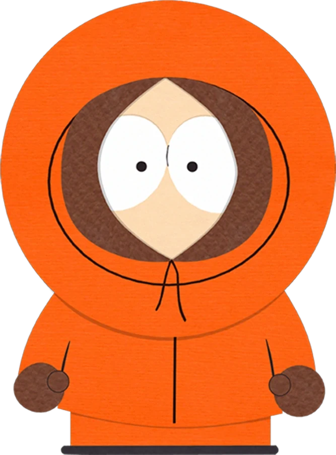 Kenny McCormick wearing an orange hood with a dark face opening and brown gloves